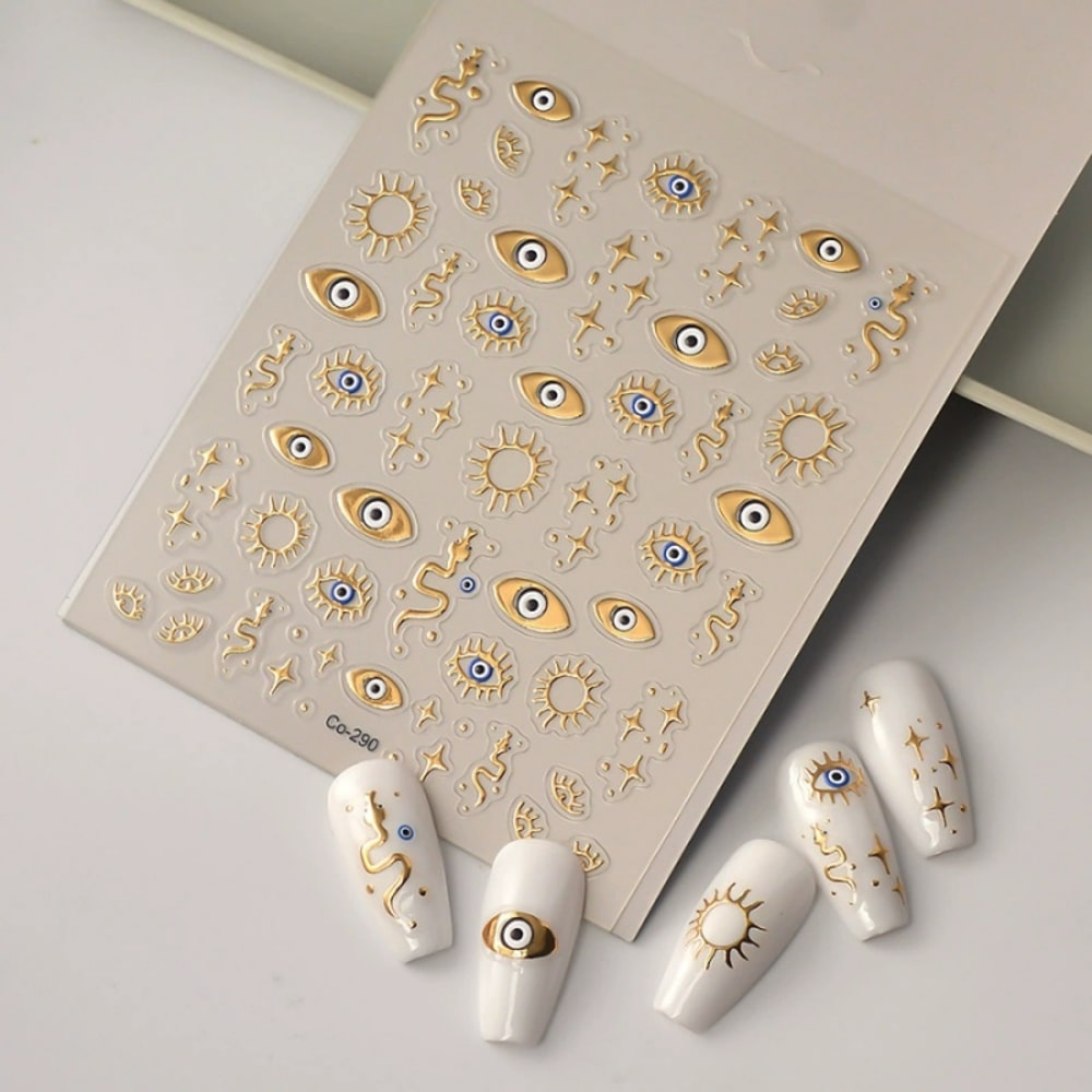 Gold Foil Devil's Eye Nail Stickers, Embossed Eyes, Sun & Stars - Perfect for Nails, Phones, Laptops, and Decorations
