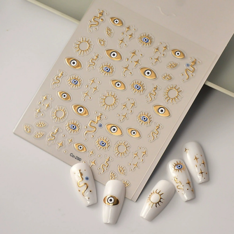 Gold Foil Devil's Eye Nail Stickers, Embossed Eyes, Sun & Stars - Perfect for Nails, Phones, Laptops, and Decorations