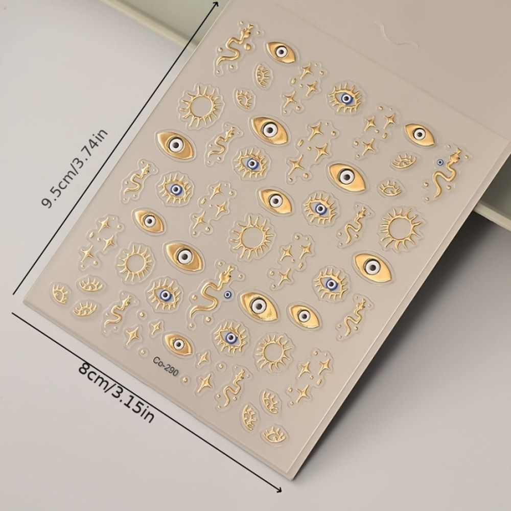 Gold Foil Devil's Eye Nail Stickers, Embossed Eyes, Sun & Stars - Perfect for Nails, Phones, Laptops, and Decorations
