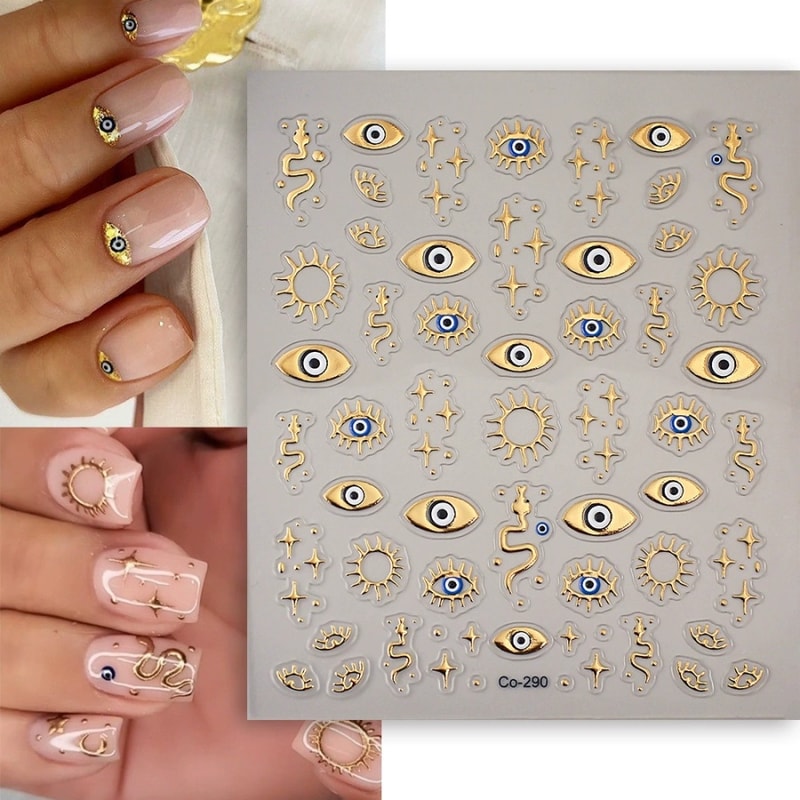 Gold Foil Devil's Eye Nail Stickers, Embossed Eyes, Sun & Stars - Perfect for Nails, Phones, Laptops, and Decorations