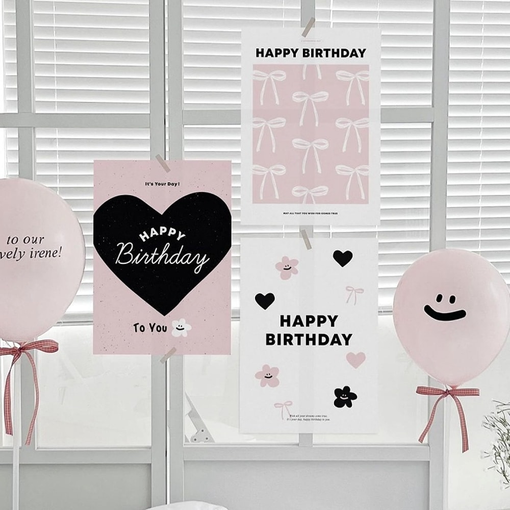insWind Birthday Poster Card, Pink Bow Heart Flower, Birthday Party Decoration Supplies