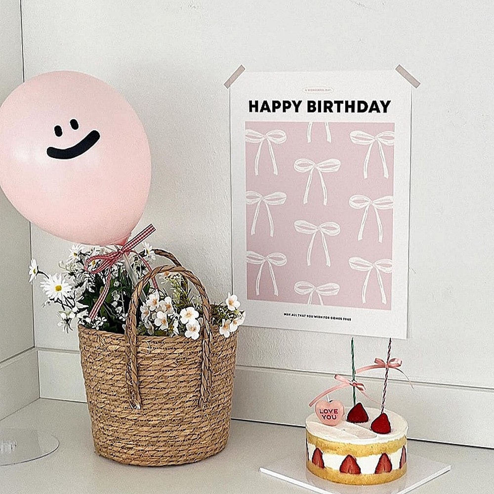 insWind Birthday Poster Card, Pink Bow Heart Flower, Birthday Party Decoration Supplies