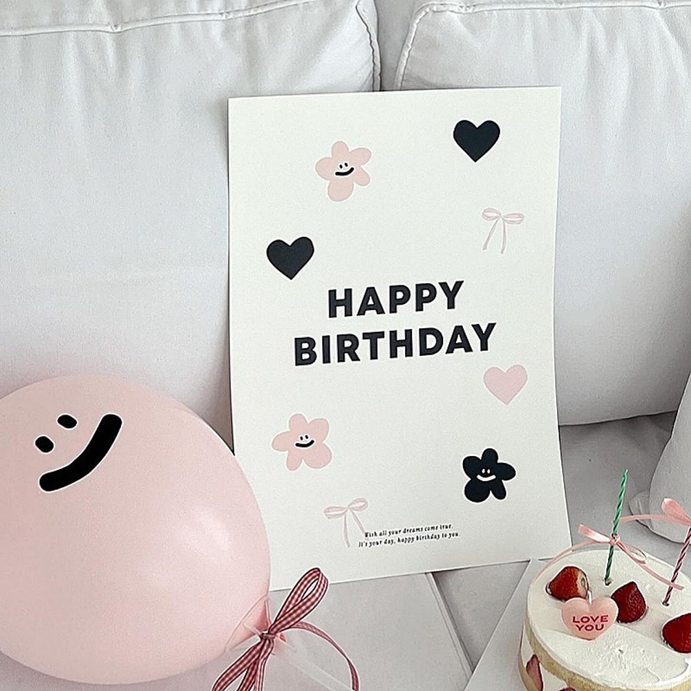 insWind Birthday Poster Card, Pink Bow Heart Flower, Birthday Party Decoration Supplies