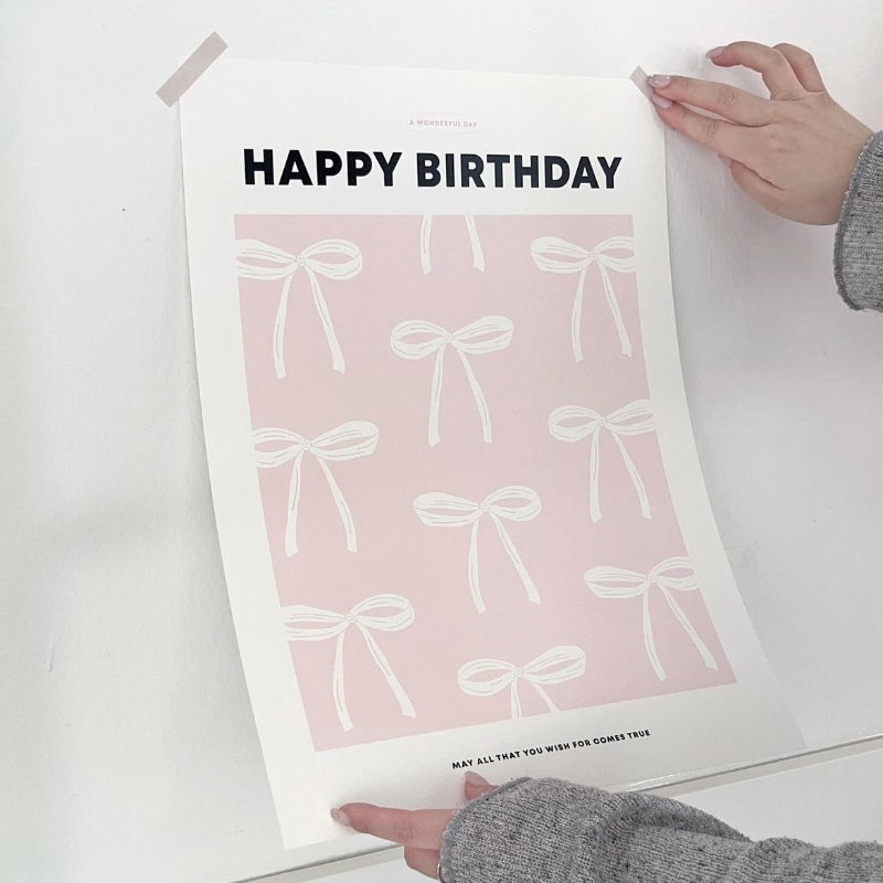 insWind Birthday Poster Card, Pink Bow Heart Flower, Birthday Party Decoration Supplies