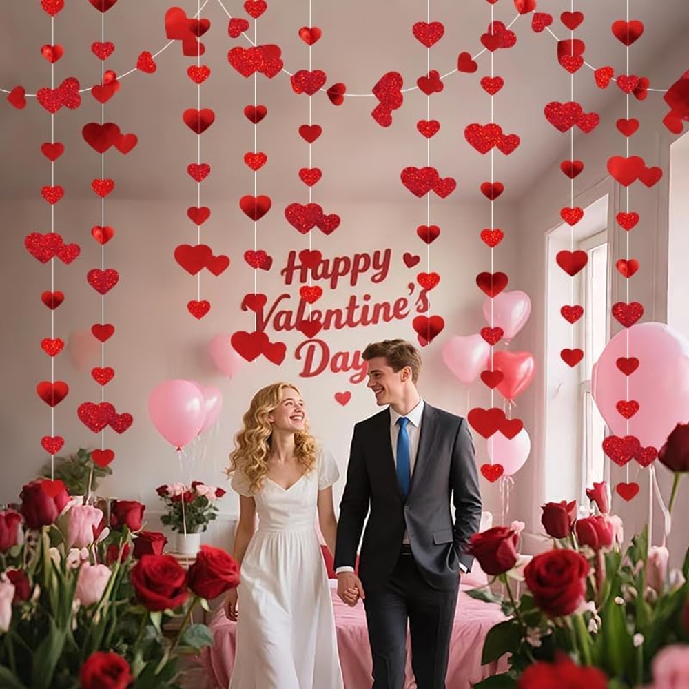 Glitter Paper Banner Wedding Red Heart Garland, Love Streamer for Birthday Parties, Home Hanging Decoration
