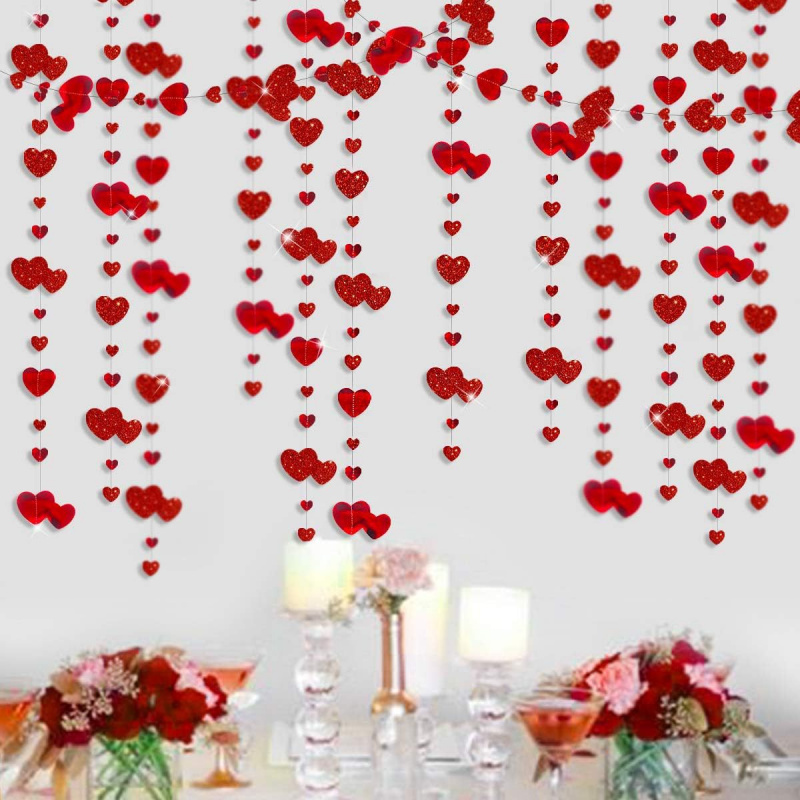 Glitter Paper Banner Wedding Red Heart Garland, Love Streamer for Birthday Parties, Home Hanging Decoration