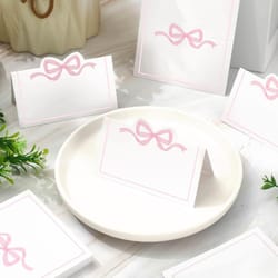 writable wedding guest name seat cards, pink bow seat card, birthday tea party table decor greeting card
