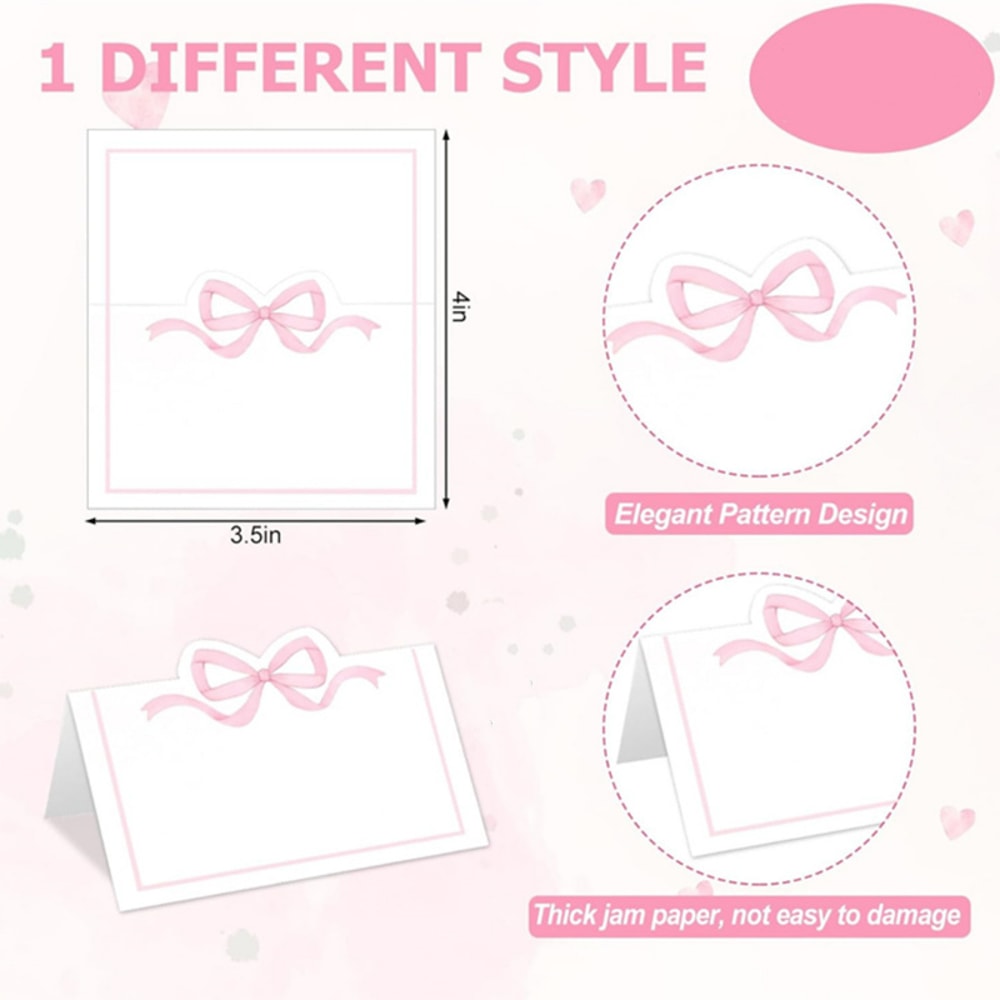 Writable Wedding Guest Name Seat Cards, Pink Bow Seat Card, Birthday Tea Party Table Decor Greeting Card