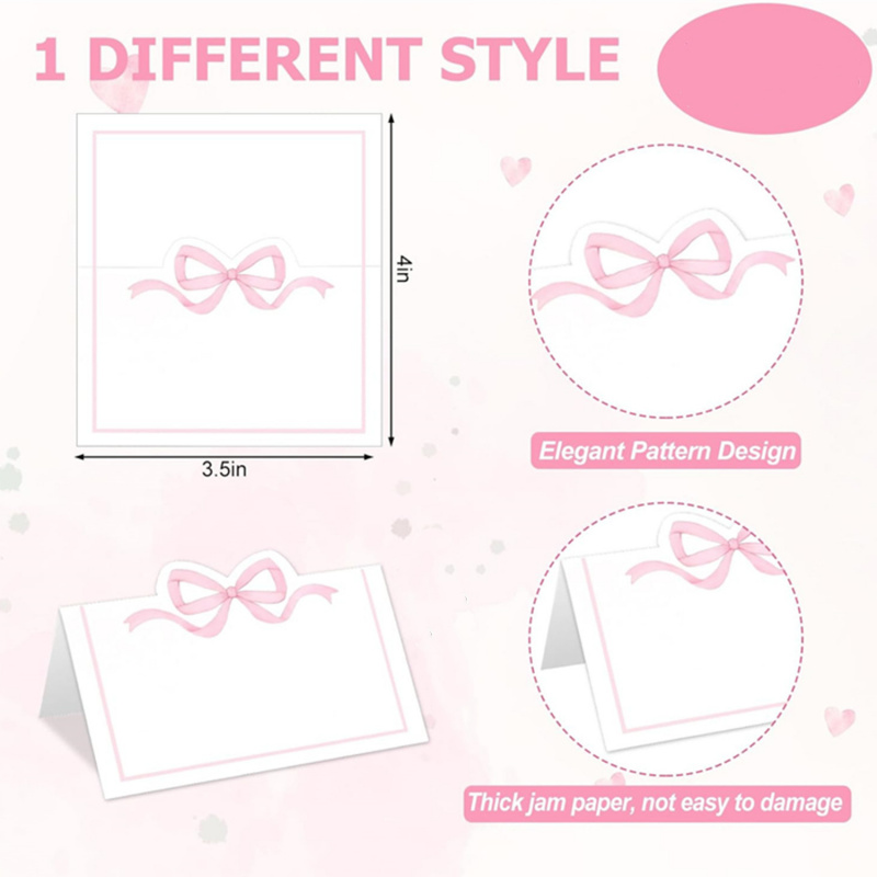 Writable Wedding Guest Name Seat Cards, Pink Bow Seat Card, Birthday Tea Party Table Decor Greeting Card