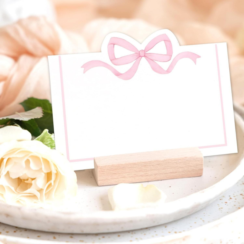Writable Wedding Guest Name Seat Cards, Pink Bow Seat Card, Birthday Tea Party Table Decor Greeting Card