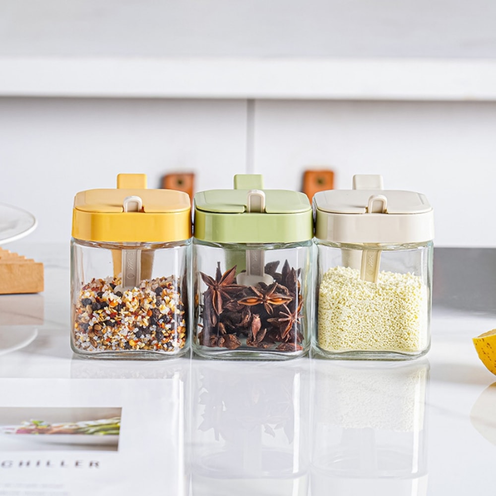 Glass Spice Boxes, Seasoning Jar with Spoon, Salt Shaker Container for Sugar, Pepper, and Spices