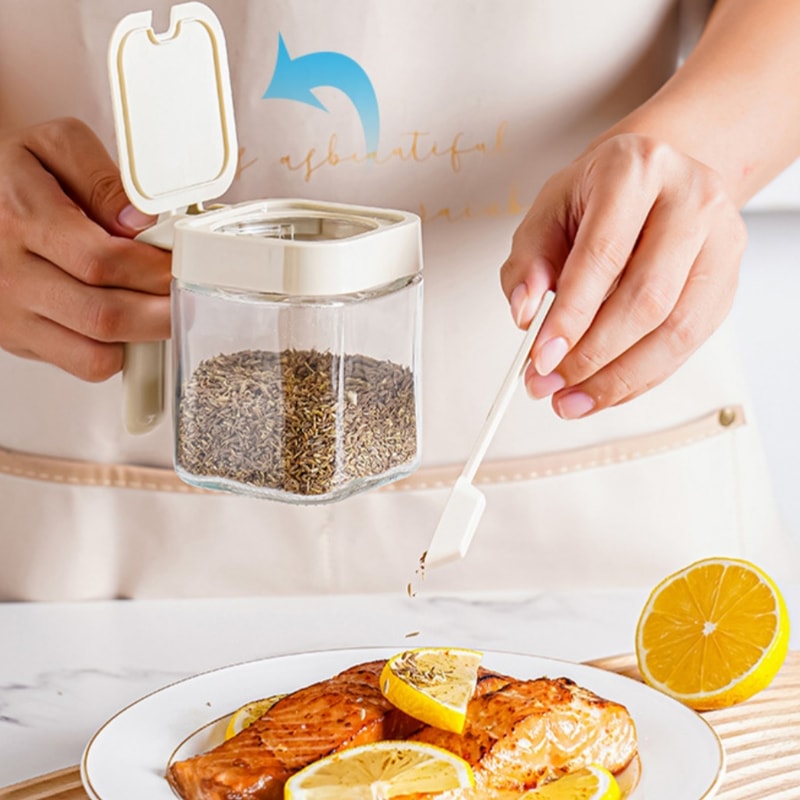 Glass Spice Boxes, Seasoning Jar with Spoon, Salt Shaker Container for Sugar, Pepper, and Spices