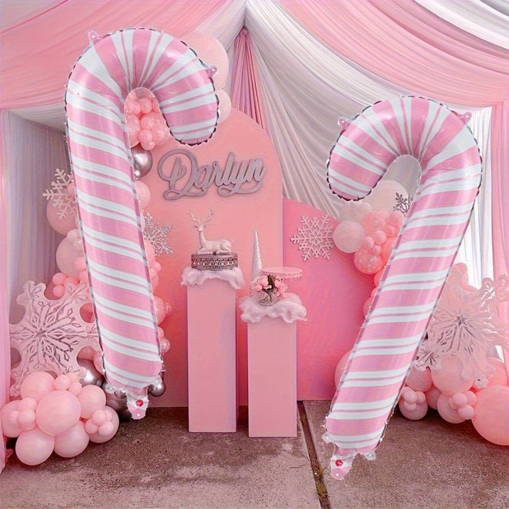 Wind Pink Christmas Party Decoration, Large Pink and White Cane Balloon for Birthday Wedding, Aluminum Film Balloon