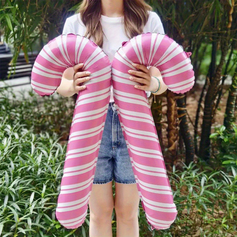 Wind Pink Christmas Party Decoration, Large Pink and White Cane Balloon for Birthday Wedding, Aluminum Film Balloon