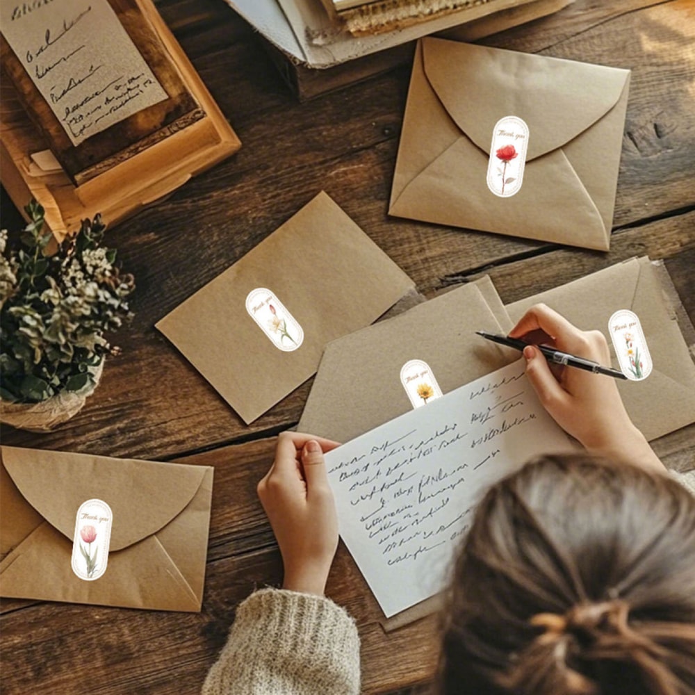 Oval English Thank You Sealing Label, Vintage Exquisite Floral Thank You Stickers, Elegant Sealing Tags