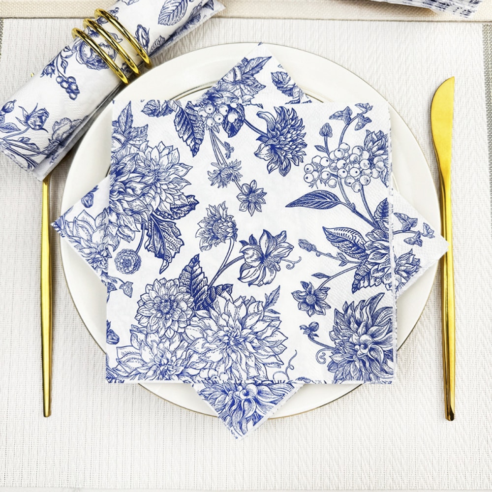 Blue Peony Flower Printed Vintage Style Napkins, Holiday Themed Disposable Double Layer Colorful Square Tissue
