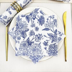 blue peony flower printed vintage style napkins, holiday themed disposable double layer colorful square tissue
