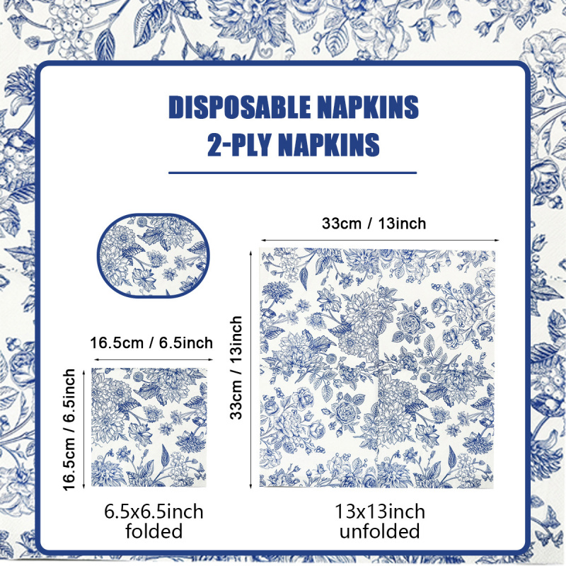 Blue Peony Flower Printed Vintage Style Napkins, Holiday Themed Disposable Double Layer Colorful Square Tissue