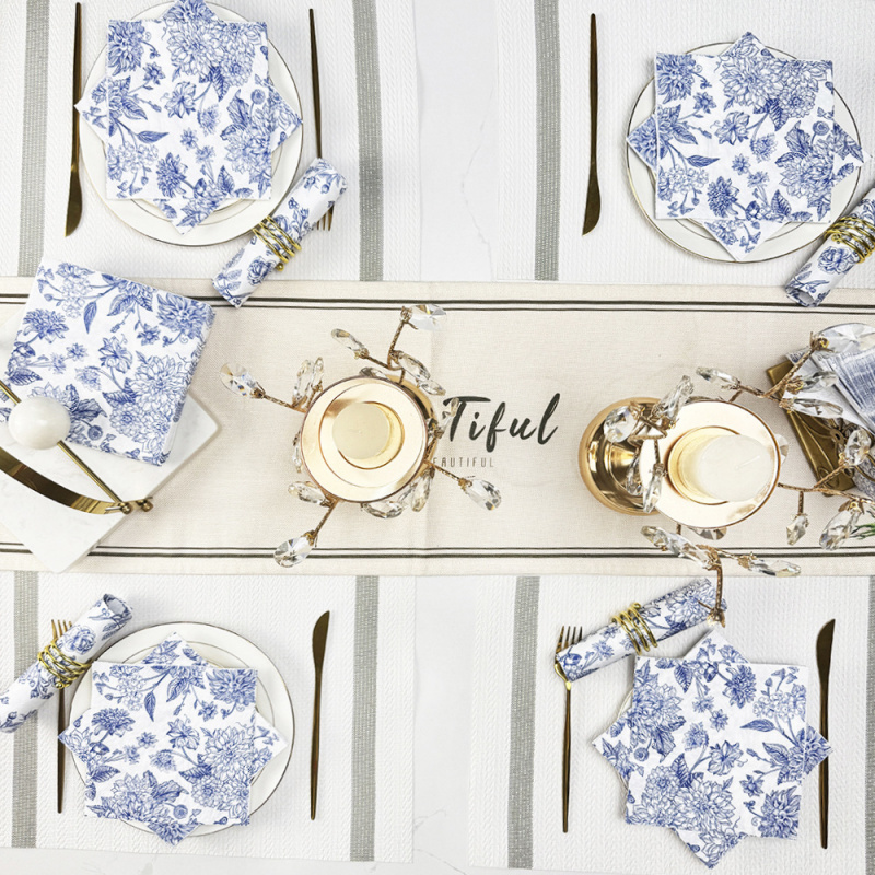 Blue Peony Flower Printed Vintage Style Napkins, Holiday Themed Disposable Double Layer Colorful Square Tissue