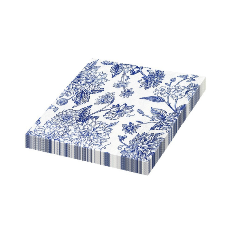 Blue Peony Flower Printed Vintage Style Napkins, Holiday Themed Disposable Double Layer Colorful Square Tissue