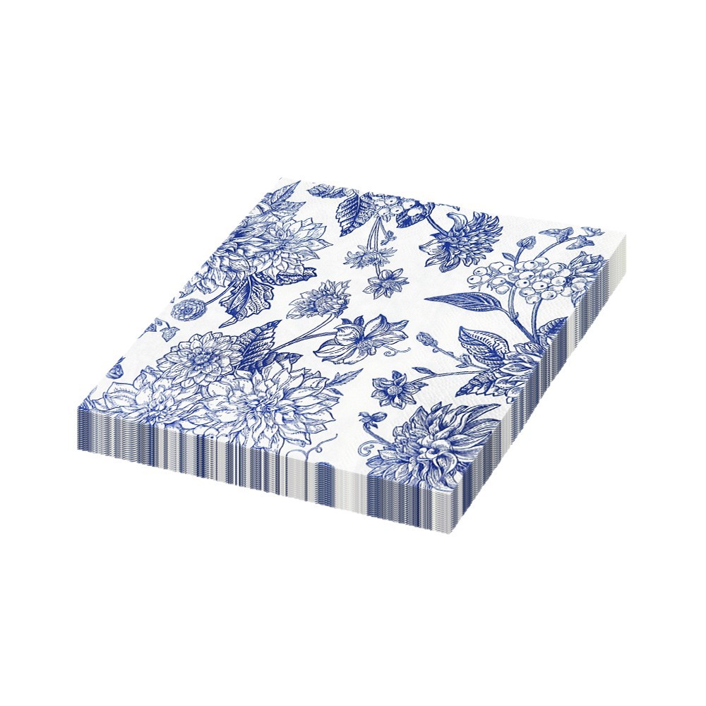 Blue Peony Flower Printed Vintage Style Napkins, Holiday Themed Disposable Double Layer Colorful Square Tissue