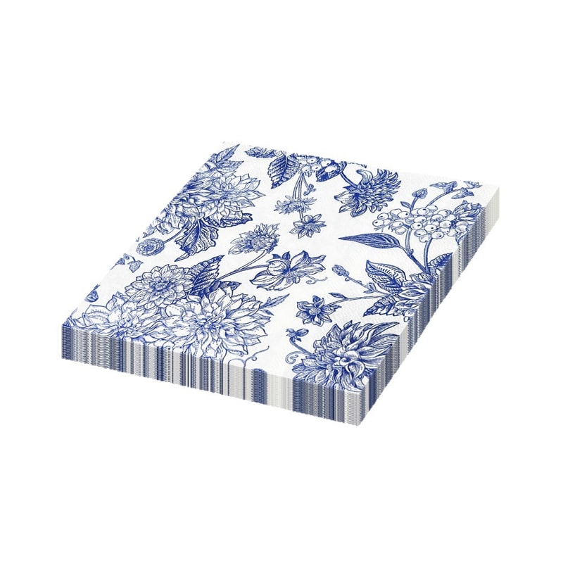 Blue Peony Flower Printed Vintage Style Napkins, Holiday Themed Disposable Double Layer Colorful Square Tissue