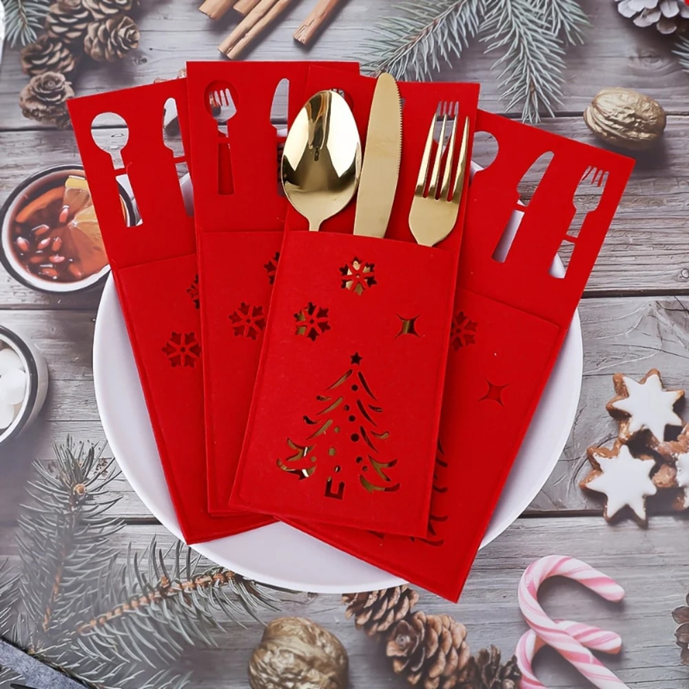 Hollow Christmas Tree Snowflake Cutlery Bag, Rectangular Felt Knife and Fork Bag, Christmas New Year Table Decor