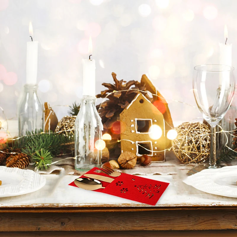 Hollow Christmas Tree Snowflake Cutlery Bag, Rectangular Felt Knife and Fork Bag, Christmas New Year Table Decor