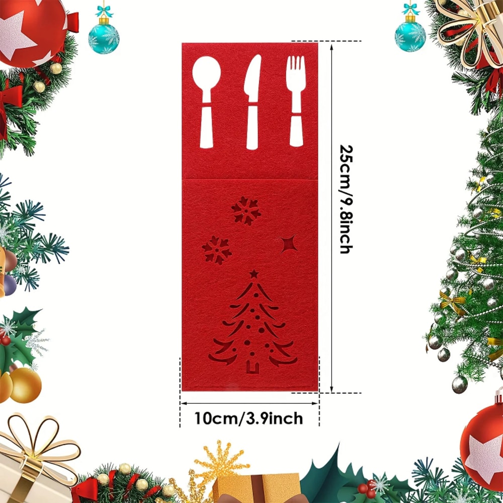 Hollow Christmas Tree Snowflake Cutlery Bag, Rectangular Felt Knife and Fork Bag, Christmas New Year Table Decor