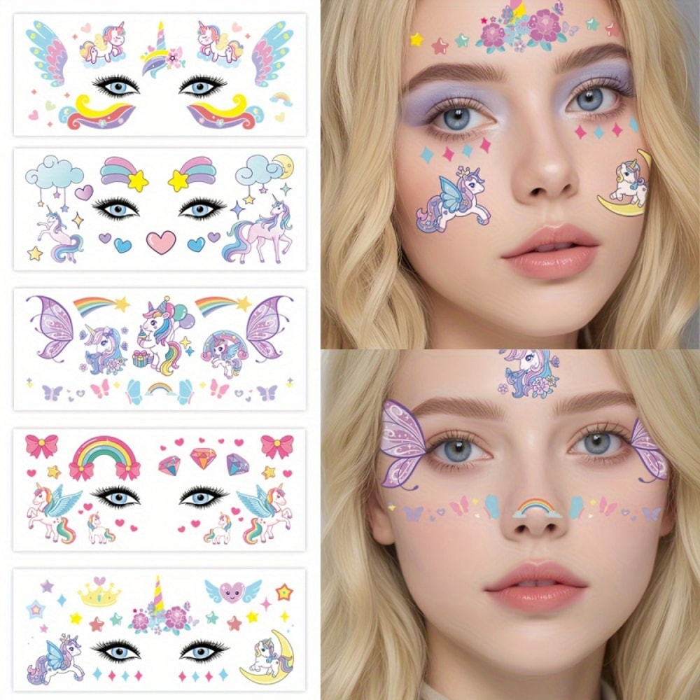 Cute Rainbow Unicorn Temporary Tattoos, Face & Body Stickers for Parties, Music Festivals, Birthday Gifts