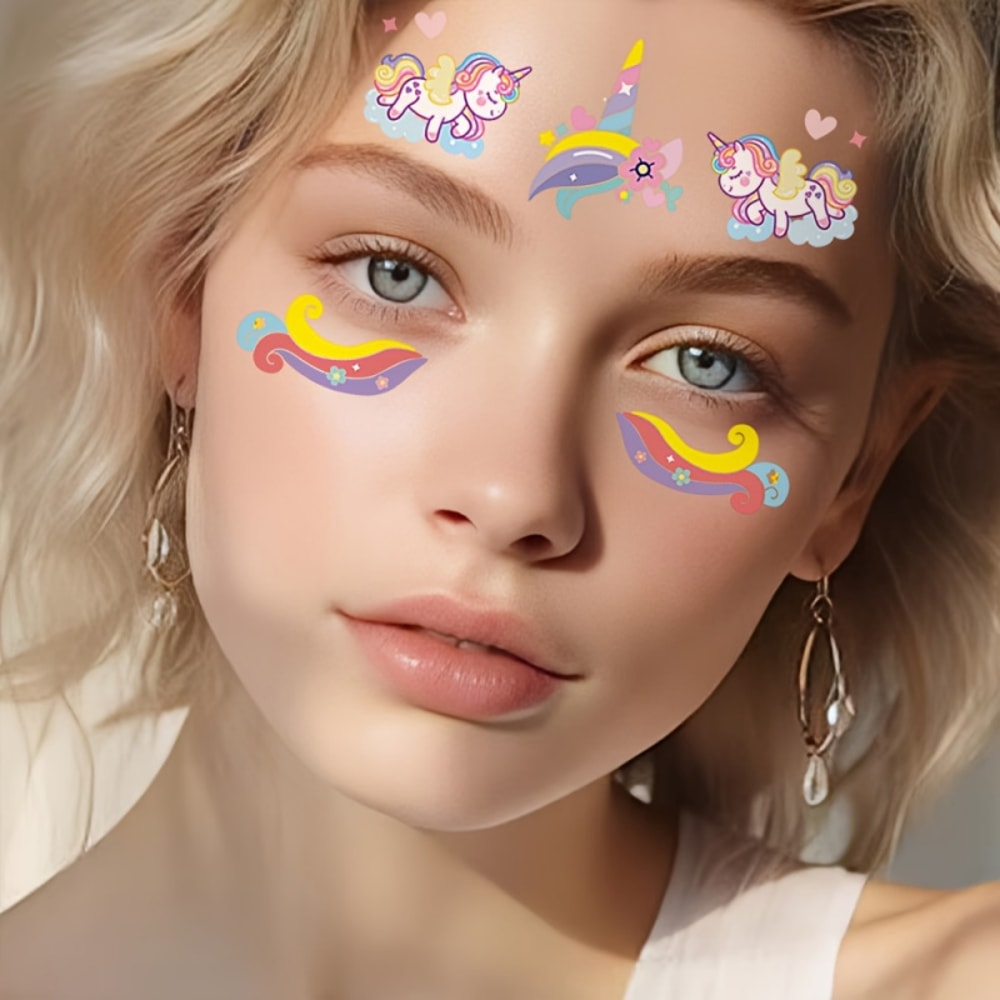 Cute Rainbow Unicorn Temporary Tattoos, Face & Body Stickers for Parties, Music Festivals, Birthday Gifts