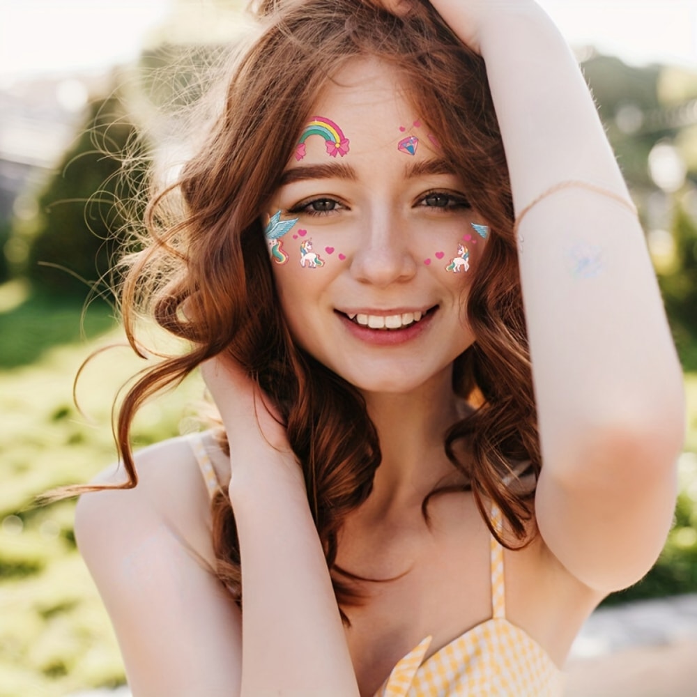 Cute Rainbow Unicorn Temporary Tattoos, Face & Body Stickers for Parties, Music Festivals, Birthday Gifts