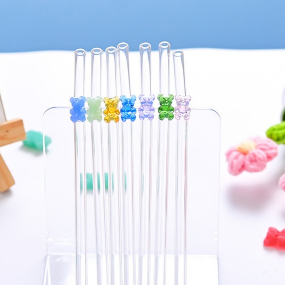 Colorful Bear Glass Straws, High Low Temperature Resistant Bent Design, Household Set with Cleaning Brushes, Perfect