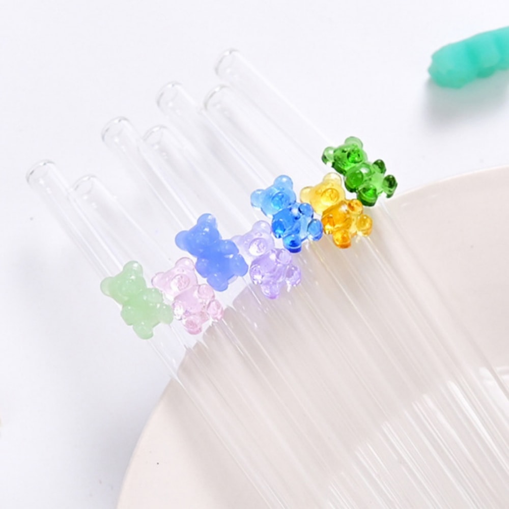 Colorful Bear Glass Straws, High Low Temperature Resistant Bent Design, Household Set with Cleaning Brushes, Perfect