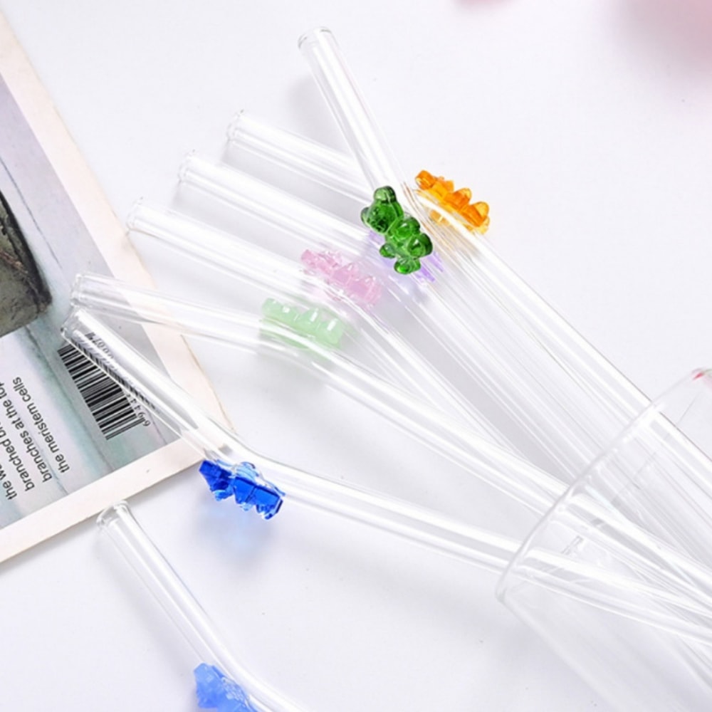 Colorful Bear Glass Straws, High Low Temperature Resistant Bent Design, Household Set with Cleaning Brushes, Perfect