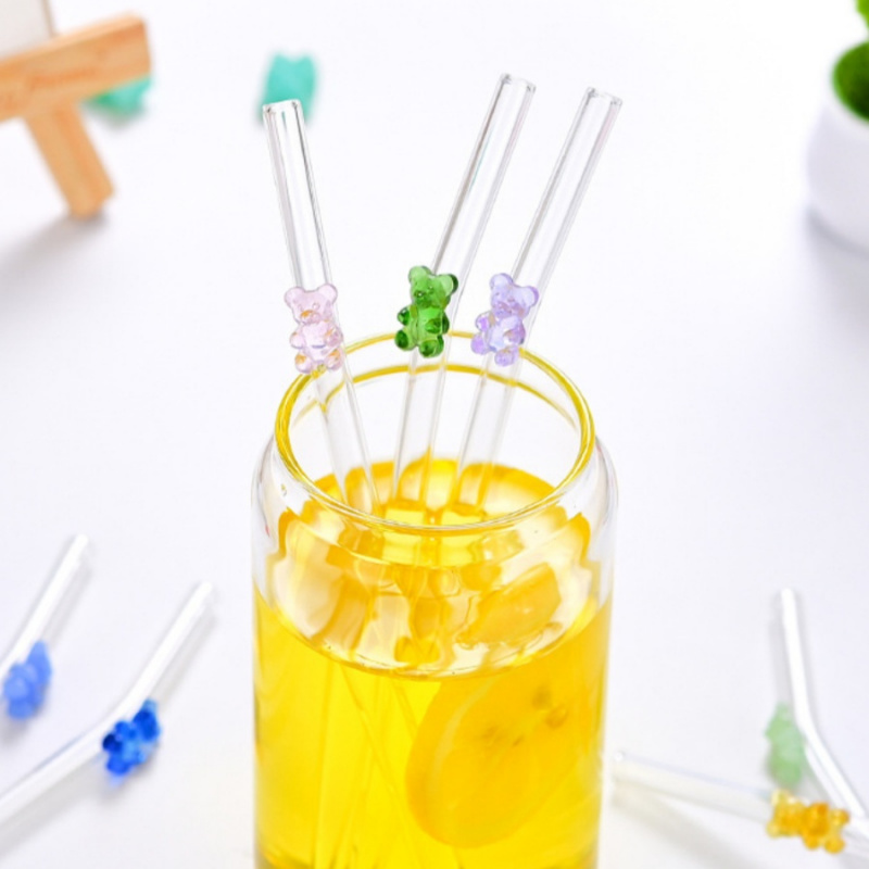 Colorful Bear Glass Straws, High Low Temperature Resistant Bent Design, Household Set with Cleaning Brushes, Perfect