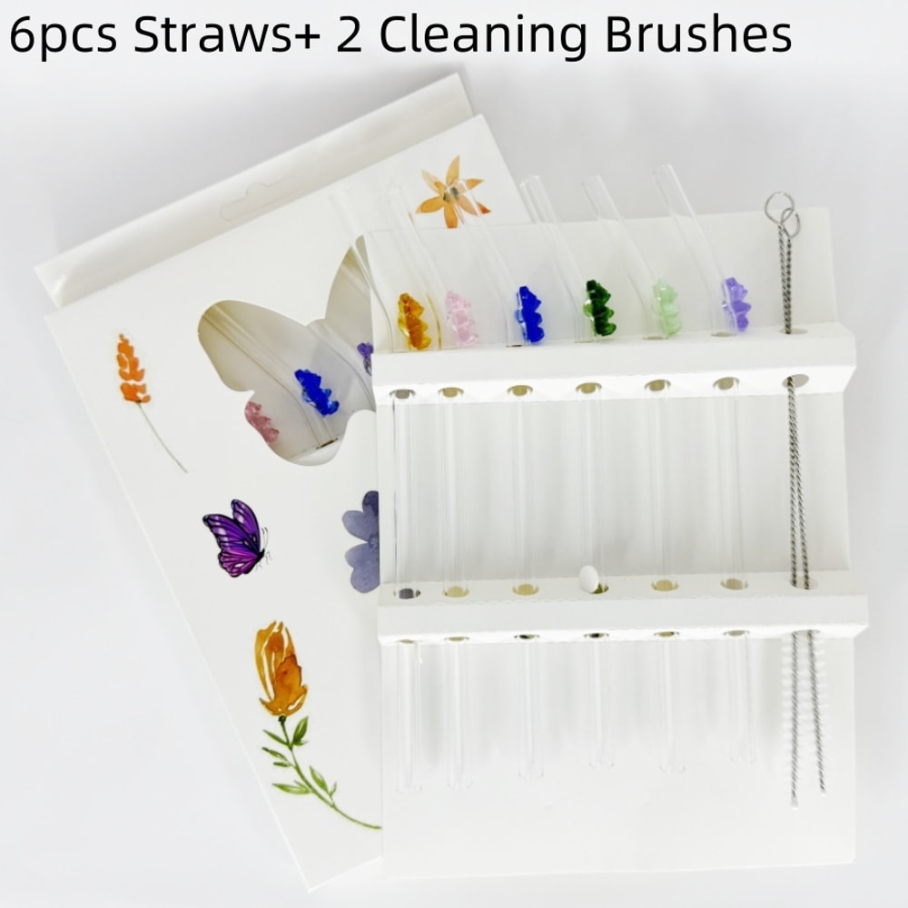 Colorful Bear Glass Straws, High Low Temperature Resistant Bent Design, Household Set with Cleaning Brushes, Perfect