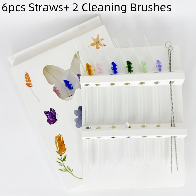 Colorful Bear Glass Straws, High Low Temperature Resistant Bent Design, Household Set with Cleaning Brushes, Perfect