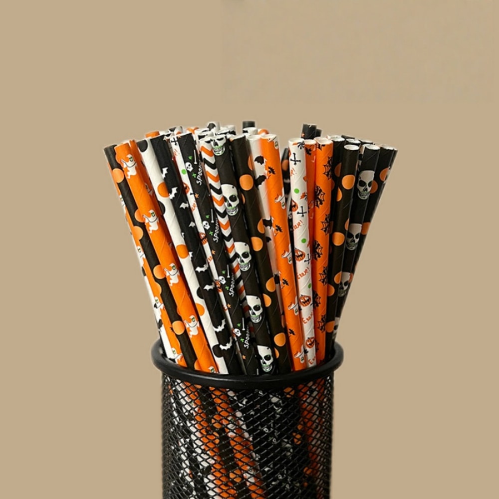 Disposable Halloween Mixed Paper Straws, Party Table Decoration for Juice and Cocktail Beverage Straws