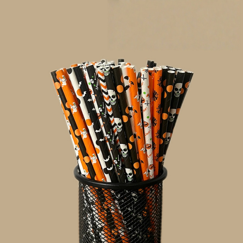 Disposable Halloween Mixed Paper Straws, Party Table Decoration for Juice and Cocktail Beverage Straws