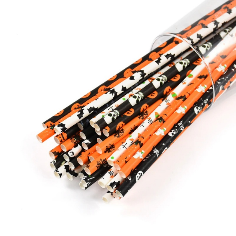 Disposable Halloween Mixed Paper Straws, Party Table Decoration for Juice and Cocktail Beverage Straws