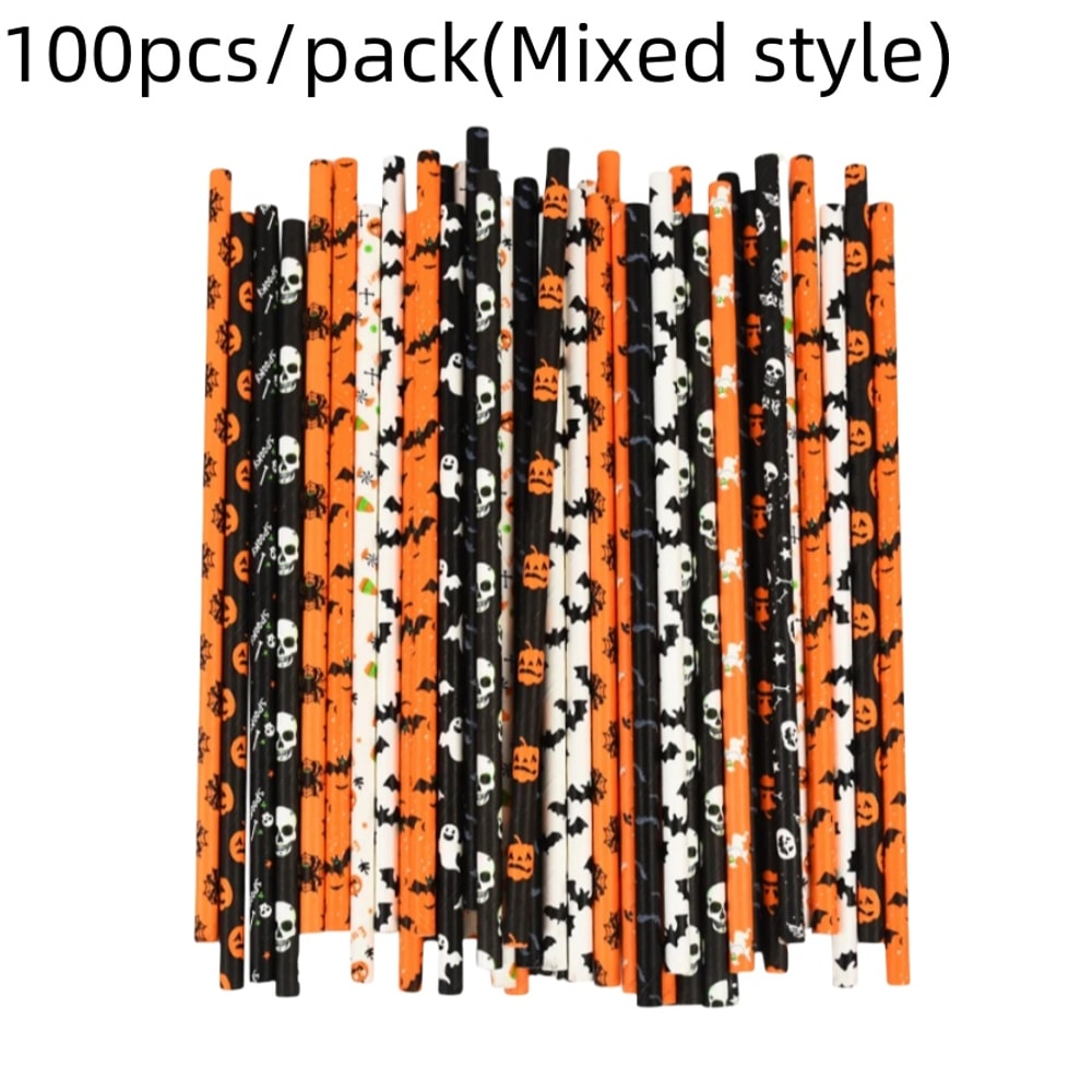 Disposable Halloween Mixed Paper Straws, Party Table Decoration for Juice and Cocktail Beverage Straws