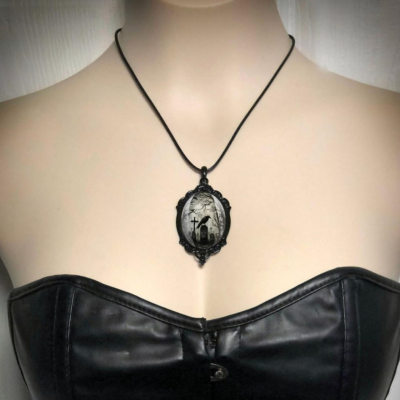 Gothic Crow Cross Pendant Necklace, Black Tombstone Necklace, Halloween Party Decoration Accessories