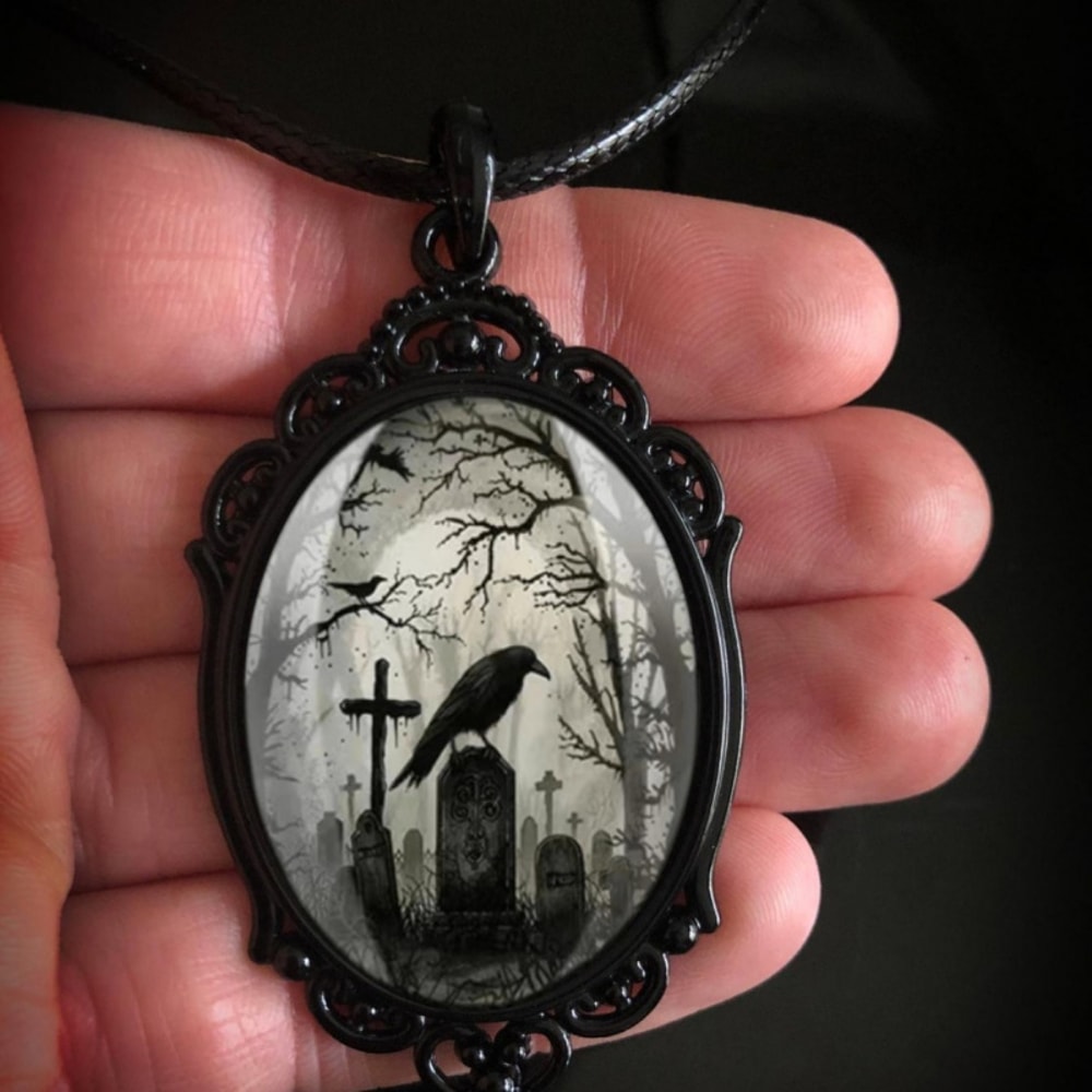 Gothic Crow Cross Pendant Necklace, Black Tombstone Necklace, Halloween Party Decoration Accessories