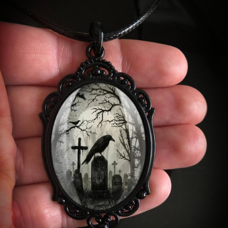 Gothic Crow Cross Pendant Necklace, Black Tombstone Necklace, Halloween Party Decoration Accessories