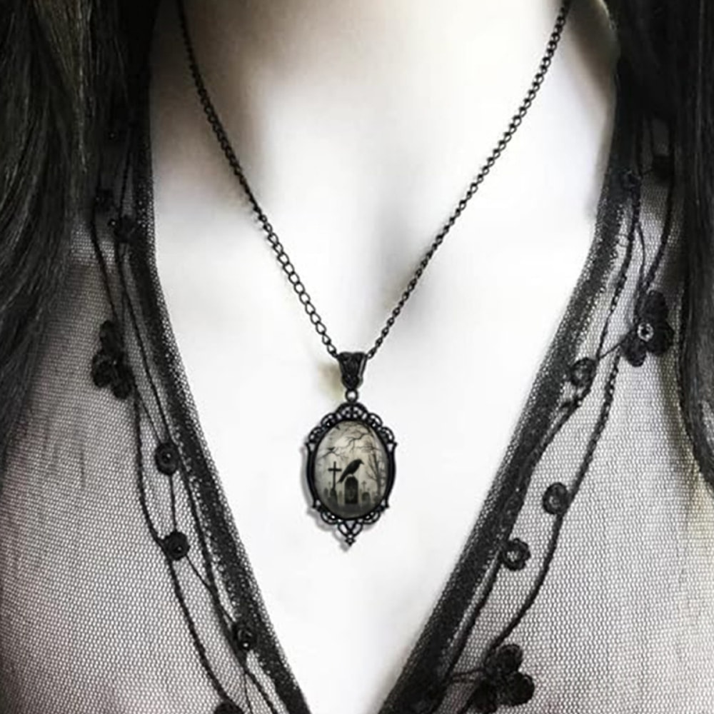 Gothic Crow Cross Pendant Necklace, Black Tombstone Necklace, Halloween Party Decoration Accessories