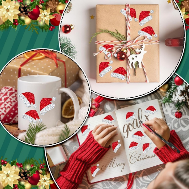 Laser Christmas Hat Stickers, Cartoon Decoration Stickers, Gift Packaging Box Sealing Labels for Envelopes and Gift Bags