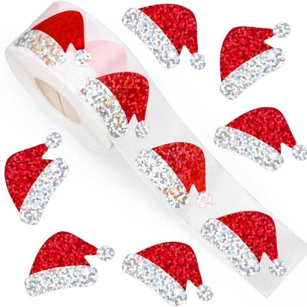 Laser Christmas Hat Stickers, Cartoon Decoration Stickers, Gift Packaging Box Sealing Labels for Envelopes and Gift Bags