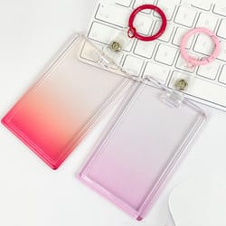 gradient pink transparent sliding cover, card holder with keychain for work, student, id bus transport card