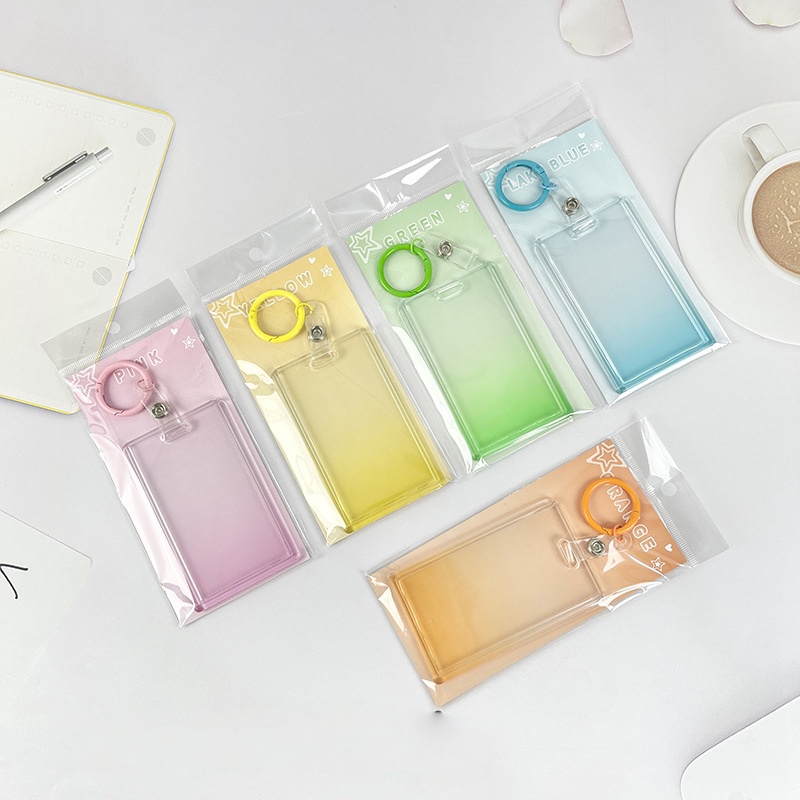 Gradient Pink Transparent Sliding Cover Card Holder With Keychain For Work Student ID Bus Transport 1